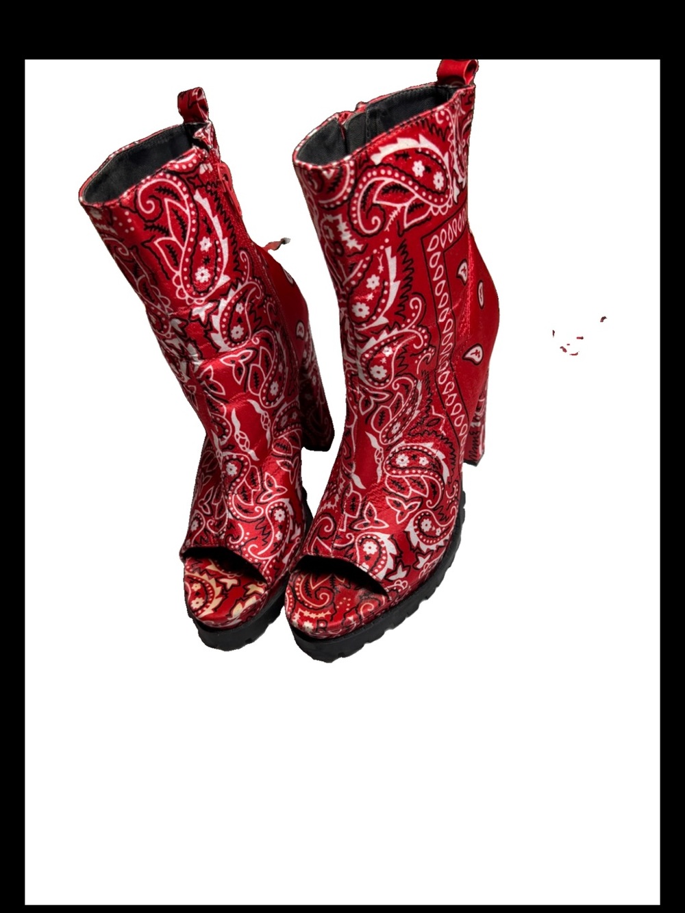 Red Paisley Open-Toe High Heel Boots - Women's Fashion Booties
